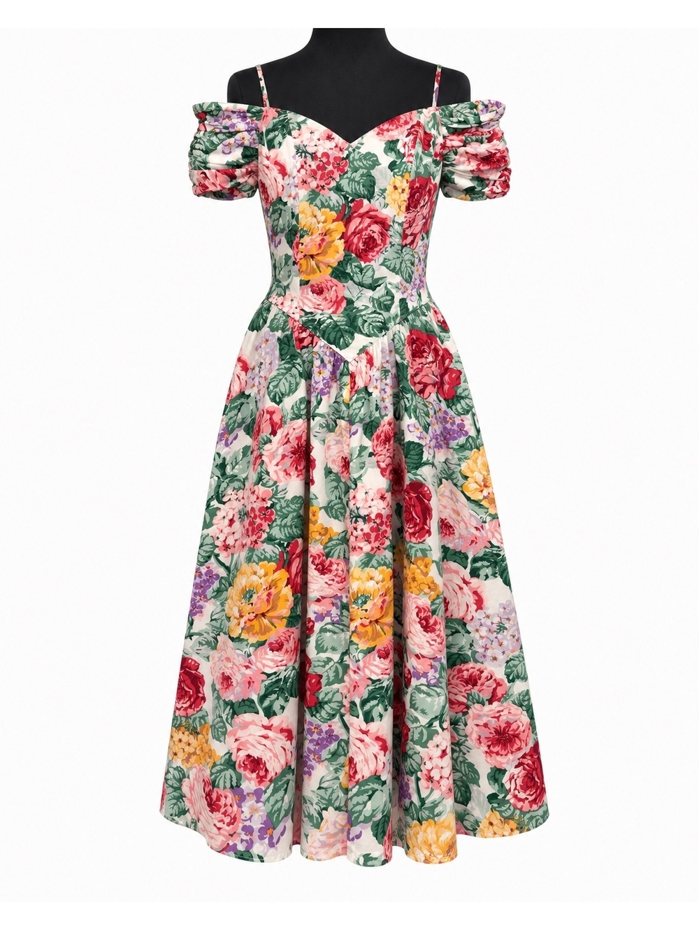 Karin Stevens Vintage 100% Cotton Floral Off Shoulder Prairie Midi Dress Size 12
